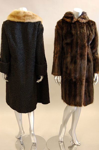 Three fur coats, late 1950s-1960s, comprising: bl: Three fur coats, late 1950s-1960s, comprising: black Persian lamb with mink collar; Arctic Furs dark brown musquash 3/4 length coat; and a K Furs dark brown ermine jacket (3)