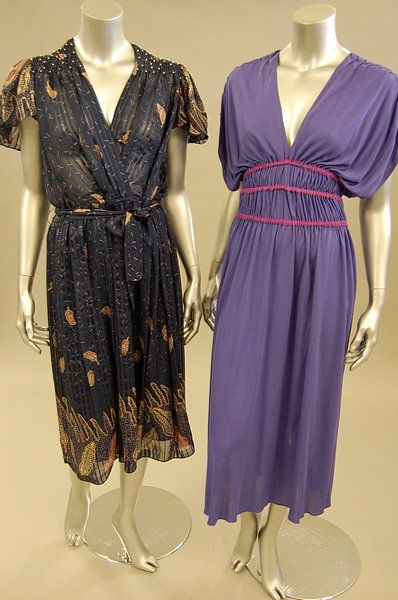 A good group of 1970s-80s clothing, comprising: Z: A good group of 1970s-80s clothing, comprising: Zandra Rhodes navy silk dress, early 1980s, with gold stencilled print; Bruce Oldfield purple jersey dress with ruched waistline; and a Roland Klein ras