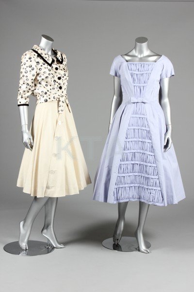 A Suzy Perette ruched and gathered cotton summer dress,: A Suzy Perette ruched and gathered cotton summer dress, 1950s, bust 92cm, 36in, waist 66cm, 26in; together with a quilted black cotton skirt and jacket, labelled 'Barbara Barondess MacLean Ltd, Beverl