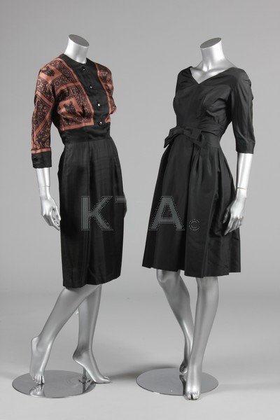 Four dinner dresses, mainly black, late 1950s and 60s,: Four dinner dresses, mainly black, late 1950s and 60s, comprising: Margaret Paynton with floral appliqued tulle yoke; Oleg Cassini black and tan printed silk; Samuel Wilson for Roxane with pleated bod