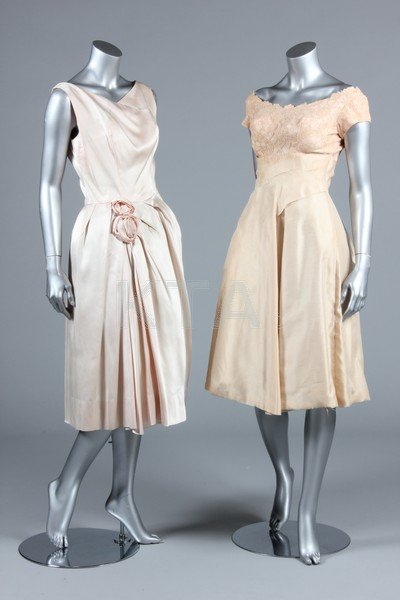 Four ivory/oyster coloured cocktail/bridal gowns, late: Four ivory/oyster coloured cocktail/bridal gowns, late 50s-early 60s, two by Kay Selig of oyster shantung and lace, the other of silver flecked and sequined white lace; Gigi Young of oyster satin with