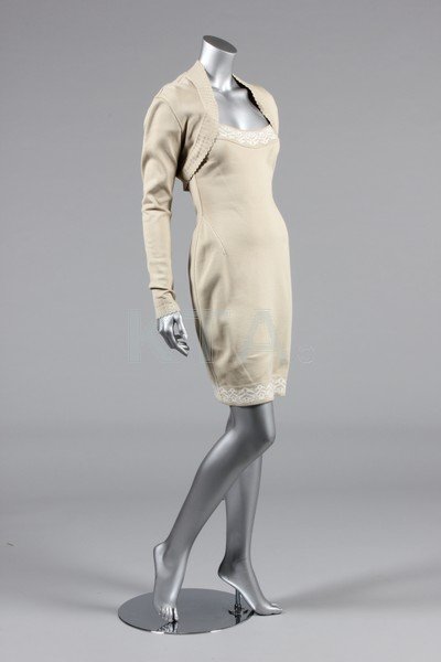 An Azzedine Alaia beige knitted cotton body-con dress: An Azzedine Alaia beige knitted cotton body-con dress and matching bolero jacket, labelled and size M, bust approx 92cm, 36in (2)