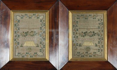 A pair of embroidered samplers by two sisters - Mary: A pair of embroidered samplers by two sisters - Mary and Ellen Owens, circa 1835-45, the linen ground worked with alphabet tests, chart-copied rose swags, unusual yellow silk 'thatches' above baskets