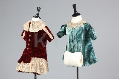 A group of adult and children's Victorian clothing,: A group of adult and children's Victorian clothing, including two velvet plush girl's dresses, a navy velvet page-boy outfit with cut steel buttons, a beaded fichu, moire bodice, black beaded capelet 