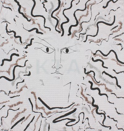 An Ascher art square - Jean Cocteau - 'Visage',: An Ascher art square - Jean Cocteau - 'Visage', probably 1960s, with printed Cocteau signature and dated 1947, the grey window-pane checked silk damask ground printed in grey black and brown, hand rol