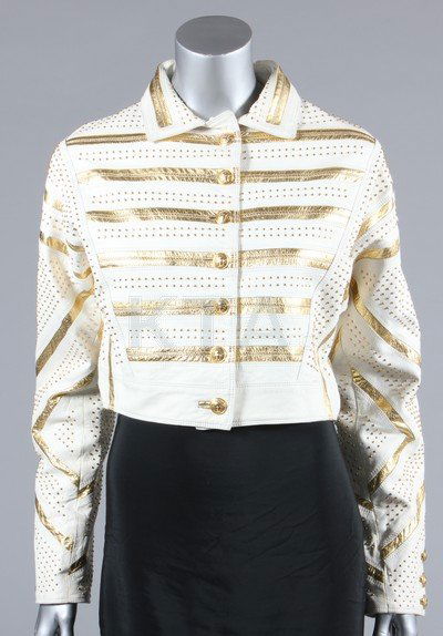 A Versace gold studded white leather jacket, 1980s,: A Versace gold studded white leather jacket, 1980s, labelled, applied with gold leather stripes, Medusa head buttons, chest approx 92-97cm, 36-38in
