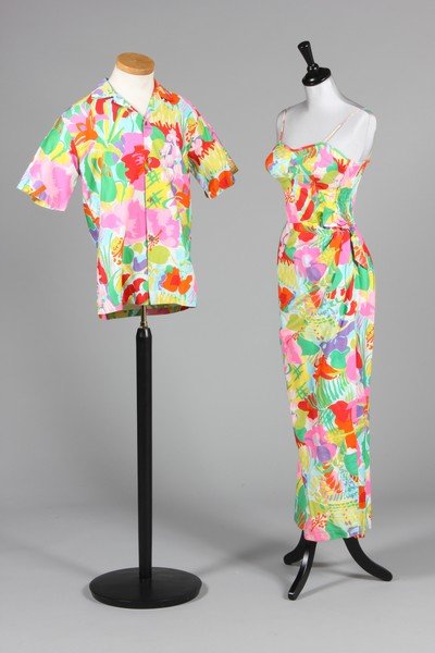 A Stan Hicks printed cotton Hawaiian wedding sarong and: A Stan Hicks printed cotton Hawaiian wedding sarong and matching groom's shirt, 1960s, with vibrant tropical print, bust 86-92cm; together with Virginia Spears lilac floral print play-suit with matchi