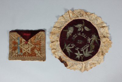 An embroidered brown velvet tallis pouch, Ottoman,: An embroidered brown velvet tallis pouch, Ottoman, circa 1900, worked in gold and blue silk threads with the star of David to front and back, and inset with central garnet coloured stone to the back, 