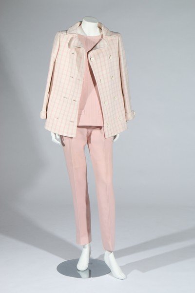 An Andre Courrèges for Harrods pink and white checked: An Andre Courrèges for Harrods pink and white checked wool ensemble, 1968, bearing both Courrèges Paris and Harrods London labels, comprising double breasted jacket, tunic top with cap sleeves and f