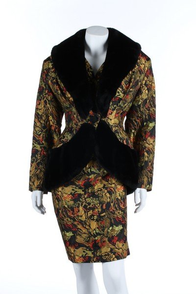 A good Antony Price brocade cocktail ensemble, 1980s,: A good Antony Price brocade cocktail ensemble, 1980s, with yellow on black woven label, comprising tightly sculpted dress, matching jacket with faux fur collar and peplum hem, bust 86cm, 34in (2)