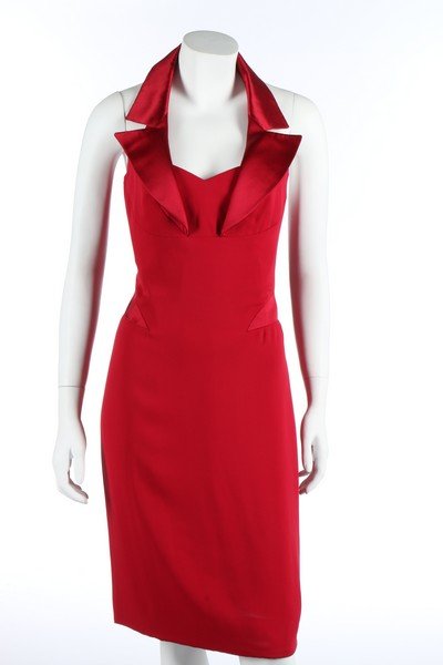 An Alexander McQueen for Givenchy wine crêpe and satin: An Alexander McQueen for Givenchy wine crêpe and satin cocktail halter-neck dress, 1990s, haute couture label, with satin points to the waist and lapels, bust approx 81-86cm, 32-34in