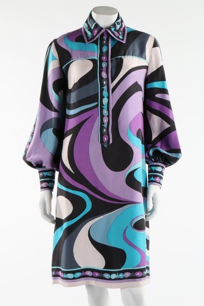 An Emilio Pucci printed silk shirt-dress, late 1960s.: An Emilio Pucci printed silk shirt-dress, late 1960s. labelled, bust 86cm, 34in; and a 1950s evening gown of gold Paisley stencilled pink silk, bust 97cm, 38in (2)