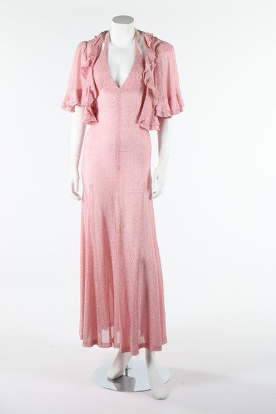 A Biba pink and silver lurex halter-neck dress and: A Biba pink and silver lurex halter-neck dress and matching bolero with flounced edges, early 1970s. together with a group of separates including cream canvas trousers with turn-ups, assorted t-shirts