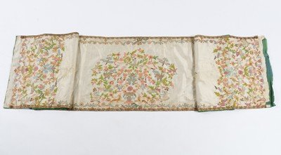 An interesting group of embroideries, brocade and: An interesting group of embroideries, brocade and printed fabric samples and fragments, dating from the 1730s. including an ivory silk runner English, circa 1780 embroidered with orientalist figures,