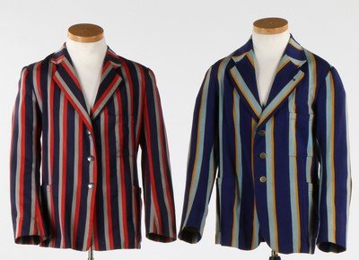 A group of boy's and men's-wear. including striped: A group of boy's and men's-wear. including striped sporting blazers, military issue white calico trench coat, waistcoats, two naval jackets (qty)