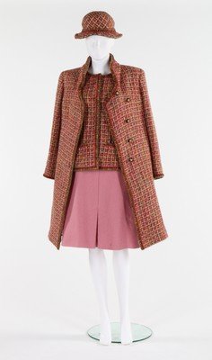 A Chanel pink tweed coat and jacket, 2000s, labelled,: A Chanel pink tweed coat and jacket, 2000s, labelled, the coat with asymmetric fastening and CC buttons, with a matching tweed hat and flared pink wool skirt, coat chest 92cm, 36in, skirt waist 76cm, 