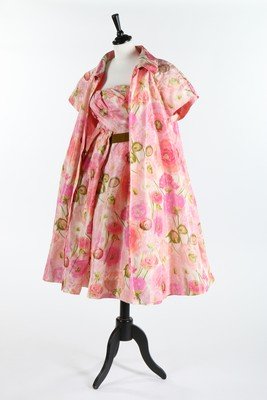 A Pierre Balmain couture chine taffeta cocktail: A Pierre Balmain couture chine taffeta cocktail ensemble, circa 1957, labelled and with indistinct pencilled Atelier and number details, the coat numbered 101385, the boned strapless bodice with integ