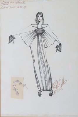 A matching Bill Gibb sketch for the Shell dress, pen: A matching Bill Gibb sketch for the Shell dress, pen and ink with attached fabric swatch dedicated to Georgina James and signed by Bill Gibb, 29 by 20cm in mount and frame