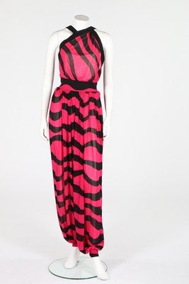 An Yves Saint Laurent fuchsia pink and black striped: An Yves Saint Laurent fuchsia pink and black striped jersey bodice and matching harem pants, circa 1980, labelled and size 38, the bodice edged in moss crepe (2)