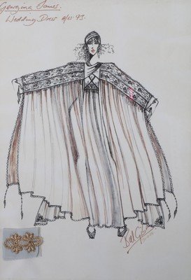 The matching Bill Gibb fashion sketch for the Bee: The matching Bill Gibb fashion sketch for the Bee dress, pen and ink with attached gold lace swatch, dedicated to Georgina James and inscribed 'Wedding Dress A/W 73' and signed by Bill Gibb, 31 by 20c