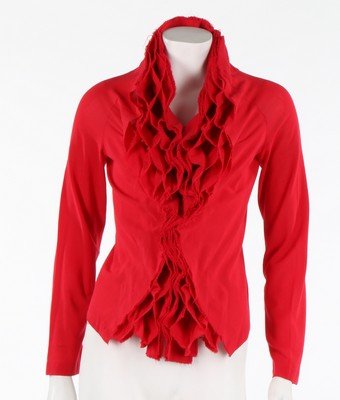 A Junya Watanabe/Comme des Garcons red muslin blouse,: A Junya Watanabe/Comme des Garcons red muslin blouse, 'Techno Couture' collection, Autumn-Winter, 2000, webbing label, and size S, with honeycomb lattice pleated shawl collar, prestud fastened An iden