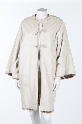 A Valentino white leather and intarsia fur lined: A Valentino white leather and intarsia fur lined jacket, 1980s, un-labelled, the back with central basket-weave lozenge and radiating panels, chest 112cm, 44in