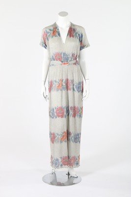 A Missoni printed silver lurex knitted dress, 1973,: A Missoni printed silver lurex knitted dress, 1973, Missoni Maglia label, with floral bands, art-deco style buckle to the belt, loose bodice, bust approx 117cm, 46in
