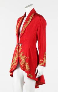 A Rifat Ozbek red moire tailcoat, late 1980s, labelled,: A Rifat Ozbek red moire tailcoat, late 1980s, labelled, embroidered with gold stars and foliate scrolls to the borders, chest 86cm, 34in; together with a Nicole Miller scarlet chiffon bias cut dress (