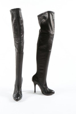 A group of mainly designer boots, modern, including a: A group of mainly designer boots, modern, including a pair of Dolce & Gabbana thigh-high leather boots, a pair of Sergio Rossi knee-high tan leather boots, another black suede thigh-high, Emma Hope an