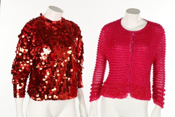 Five sparkly cocktail tops and jackets, 1960s,: Five sparkly cocktail tops and jackets, 1960s, including a hot pink Guy Laroche Paris boutique example, labelled; a baby pink sequined jacket edged with seed pearls, labelled 'La Divina'; an Ian Peter