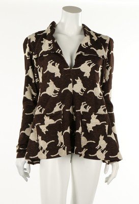 Three Biba jackets and a coat, mainly early 1970s,: Three Biba jackets and a coat, mainly early 1970s, lablelled, comprising cat printed cotton flared tunic; black faux-astrakhan jacket, tweed with faux-fur collar and cuffs, and a 1980s green herringbo