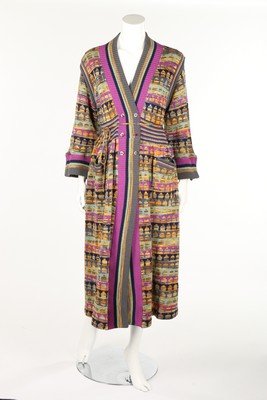 A Bill Gibb/Kaffe Fassett `Moon and Buddha' collection: A Bill Gibb/Kaffe Fassett `Moon and Buddha' collection double-breasted knitted maxi coat, Autumn-Winter 1975-76, labelled, bust 102cm, 40in