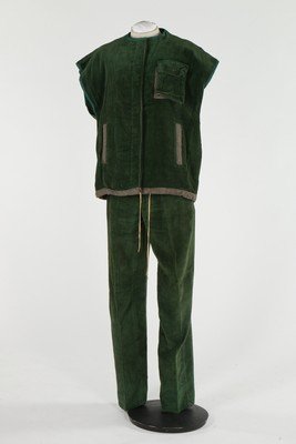 Wendy Dagworthy menswear, Autumn-Winter, 1977, woven: Wendy Dagworthy menswear, Autumn-Winter, 1977, woven green labels, comprising jumbo needlecord green waistcoat, trousers, camel jacket and waistcoat and a camel wool coat, the backs applied generally 