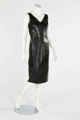 A Christian Dior black leather cocktail dress, modern,: A Christian Dior black leather cocktail dress, modern, boutique labelled GB size 8; together with a Ralph Lauren ecru tapelace gown, size 4; and a Mulberry sheepskin coat printed with repeat tree moti