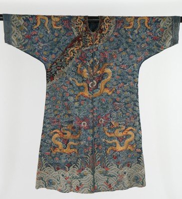 An embroidered summer gauze dragon robe, jifu, late: An embroidered summer gauze dragon robe, jifu, late 19th century, altered for a European to wear, now with centre-front opening, couched and embroidered with five clawed dragons