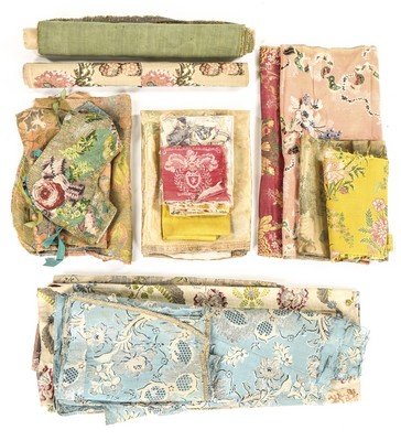 A box of mainly French brocade, damask and velvet: A box of mainly French brocade, damask and velvet fragments and panels, mainly 18th century, (qty) Provenance: the late Harry Matthews