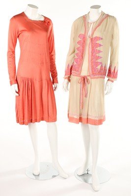 An ivory chiffon summer dress, circa 1928, with: An ivory chiffon summer dress, circa 1928, with matching jacket, embroidered in pink and purple; together with a mid 20s black crepe dress; yellow damask satin dress c.1918-20; two poor condition late