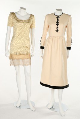 Italian designer-wear, late 70s-early 80s. comprising:: Italian designer-wear, late 70s-early 80s. comprising: a Galitzene ivory wool maxi dress with black frogging and velvet trim; Galitzene gold brocatelle and lace cocktail dress, both with couture label