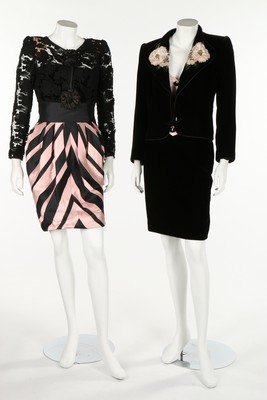 Valentino cocktail wear, 1980s-90s. Valentino Boutique: Valentino cocktail wear, 1980s-90s. Valentino Boutique and Night labelled and size 6, comprising: pink satin and black velvet strapless cocktail dress and jacket, the lapels applied with layered organ