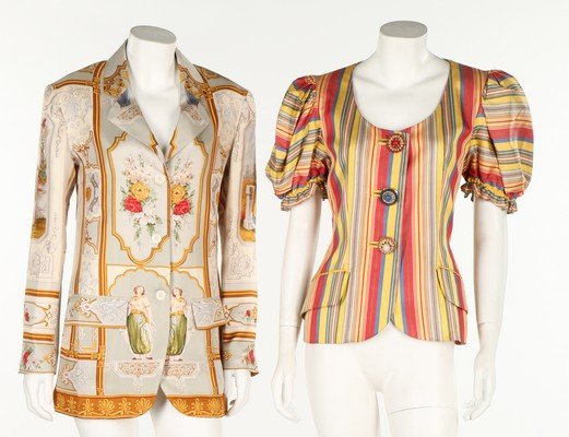 A group of day and dinner wear by Italian designers,: A group of day and dinner wear by Italian designers, 1980s-90s. six ensembles including Moschino striped short sleeved jacket; an Etro printed silk jacket; two Valentino beige suits, one with sequined