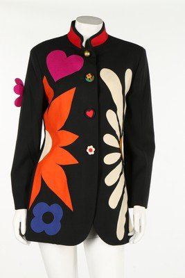 A Moschino 'Flower Power' jacket, 1990s. with Cheap &: A Moschino 'Flower Power' jacket, 1990s. with Cheap & Chic label, appliqued with large felt blooms, chest 97cm, 38in