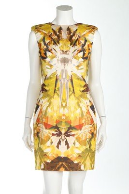 An Alexander McQueen crystalline print dress, 'Natural: An Alexander McQueen crystalline print dress, 'Natural Distinction, Un-Natural Selection' collection, Spring-Summer, 2009, grey on ivory woven label, the shaped shift dress with nude insert at front n