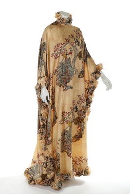 A Jean Varon kaftan, circa 1970, labelled, printed with: A Jean Varon kaftan, circa 1970, labelled, printed with Japanese figures, frills to edge and high neckline, voluminous cut