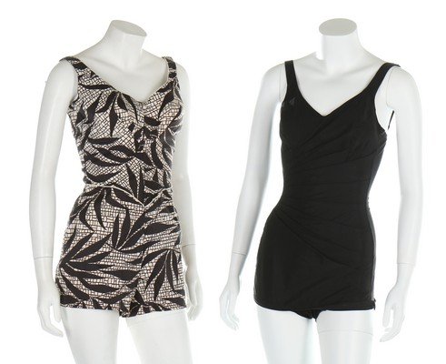 A group of 1960s swimsuits, including two by by Rose: A group of 1960s swimsuits, including two by by Rose Marie Reid of California of pale pink satin with ruching, black and white print; Catalina hot pink example; patterned and strapless designs and oth