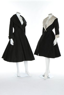 Coats and jackets, late 40s-early 50s, including a: Coats and jackets, late 40s-early 50s, including a Gilbert Adrian black wool jacket with tartan 'waistcoat' panels, a Joseph and Horne rayon taffeta evening coat with full skirt, a Schagrins hounds-to