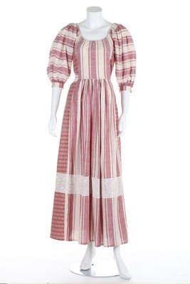 A Thea Porter madras cotton 'peasant' dress, 1975,: A Thea Porter madras cotton 'peasant' dress, 1975, Couture labelled, with full sleeves, bands of lace to hem, bust 86cm, 34in