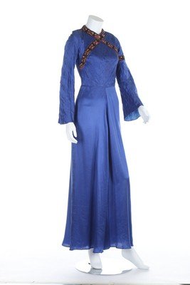 A group of Thea Porter clothing, mainly 1970s,: A group of Thea Porter clothing, mainly 1970s, comprising blue satin bias cut dress with criss-cross embroidered vintage ribbon bands; blue silk harem pants, white cotton circle skirt, all unlabelled,