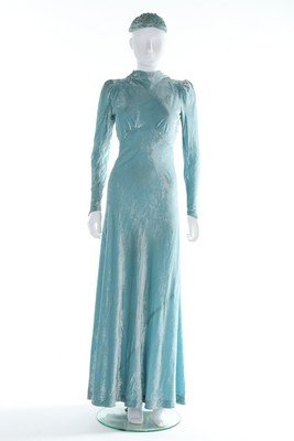 A pale blue crushed velvet bias cut gown, 1930s, with (1 of 9)
