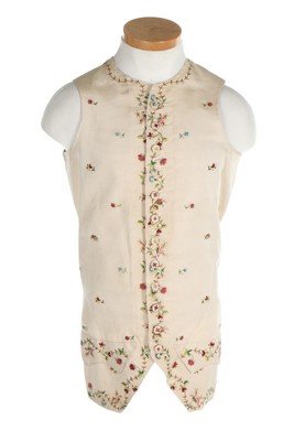 A gentleman's embroidered ivory cannelé silk waistcoat,: A gentleman's embroidered ivory cannelé silk waistcoat, English, circa 1770, worked with naturalistic wild flowers, linen back, chest 102cm, 40in