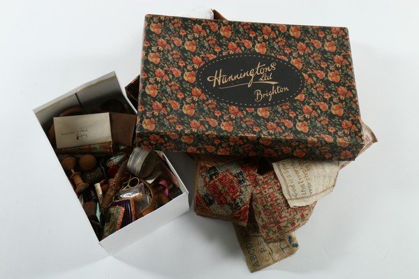 A group of embroidered samplers and needlework tools, (1 of 7)